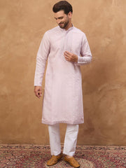 Ethnic Bay Men Lavender Silk Blend Solid Embroidered Straight Kurta With Pant Set-MKSET1449
