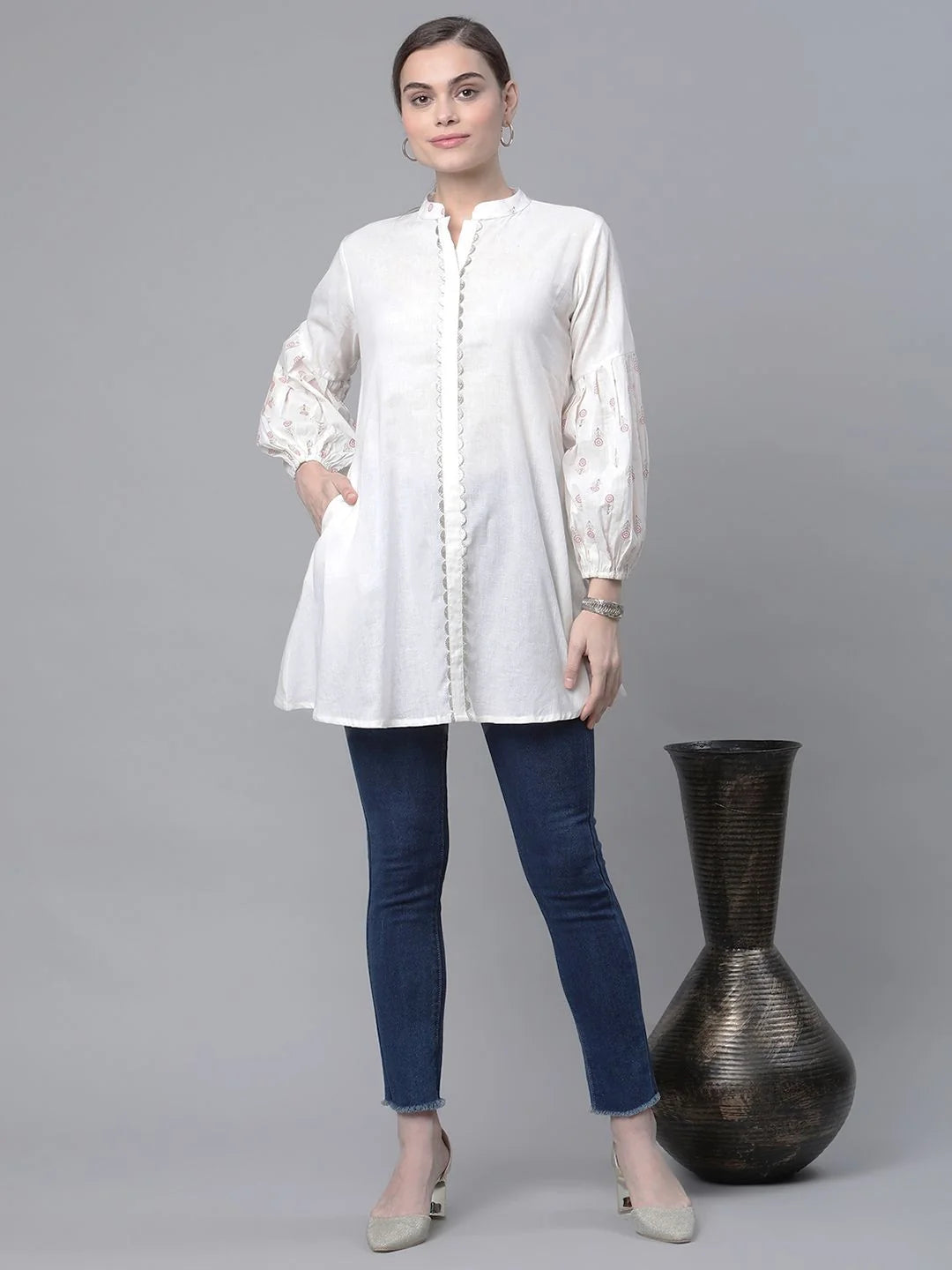 Off White Cotton Printed Tunic Top - Indian Kurta for Women
