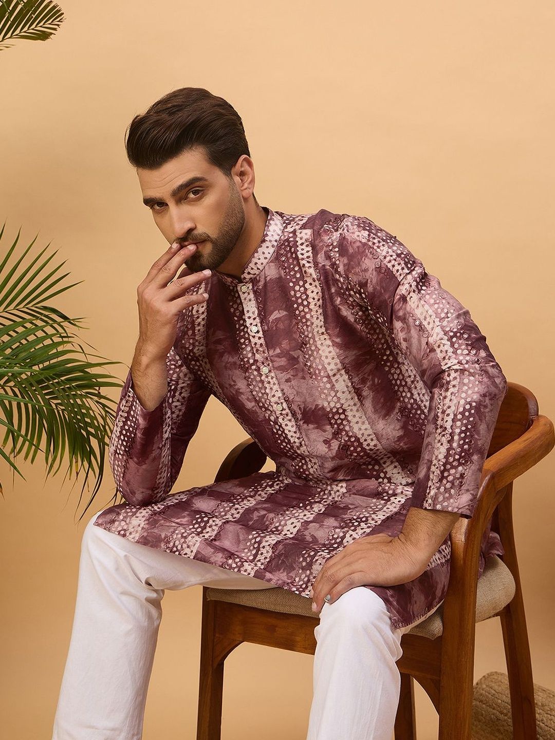Ethnic Bay Men Burgundy Silk Blend Shibori Embroidered Straight Kurta With Pant Set-MKSET1537
