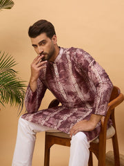 Ethnic Bay Men Burgundy Silk Blend Shibori Embroidered Straight Kurta With Pant Set-MKSET1537