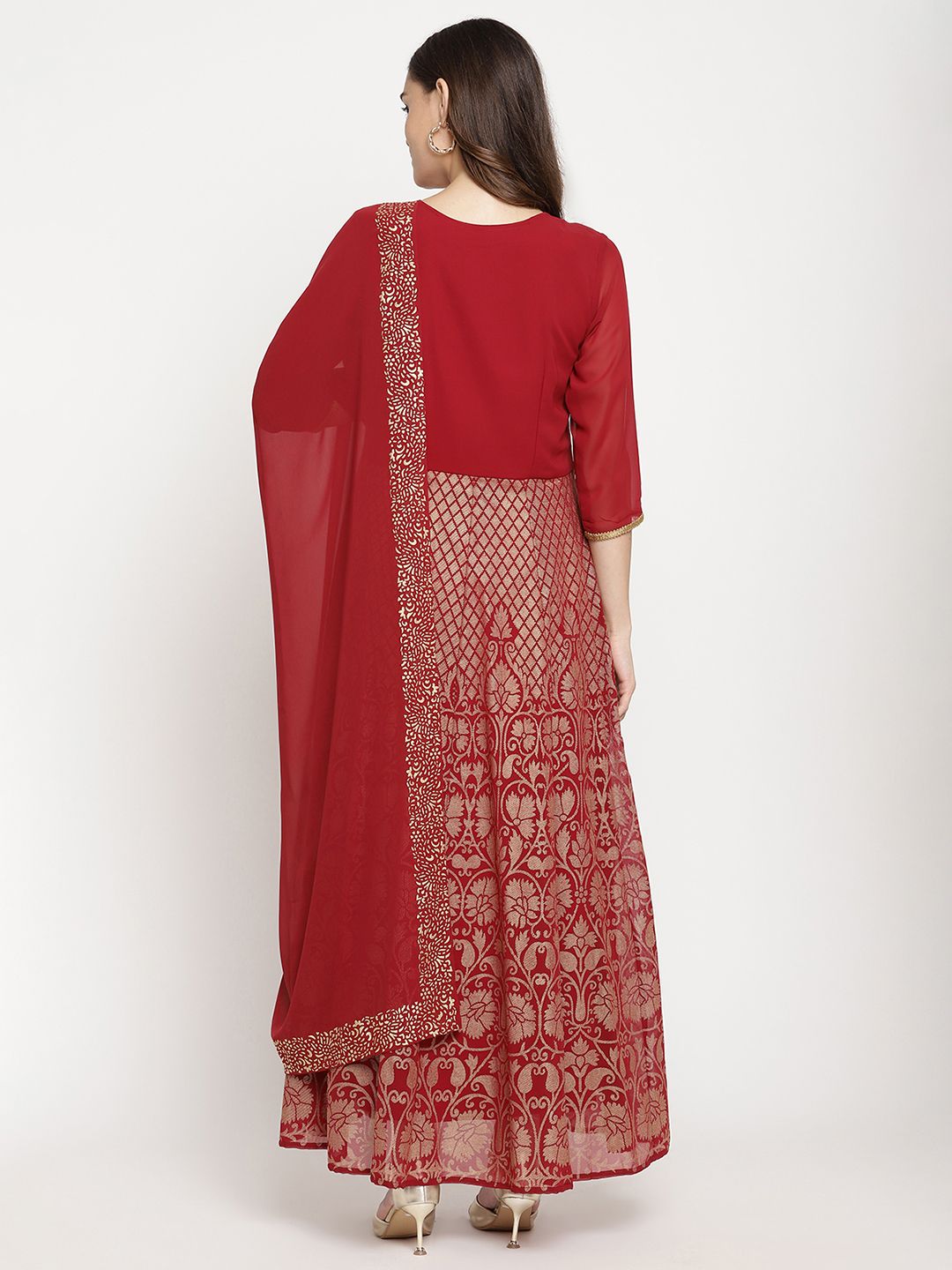 Maroon Gold Print Kurta with Dupatta - Indian Designer Kurta