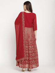 Maroon Georgette Gold Foil Print Flared Kurta with Dupatta-AHKUDU-COMBO-392