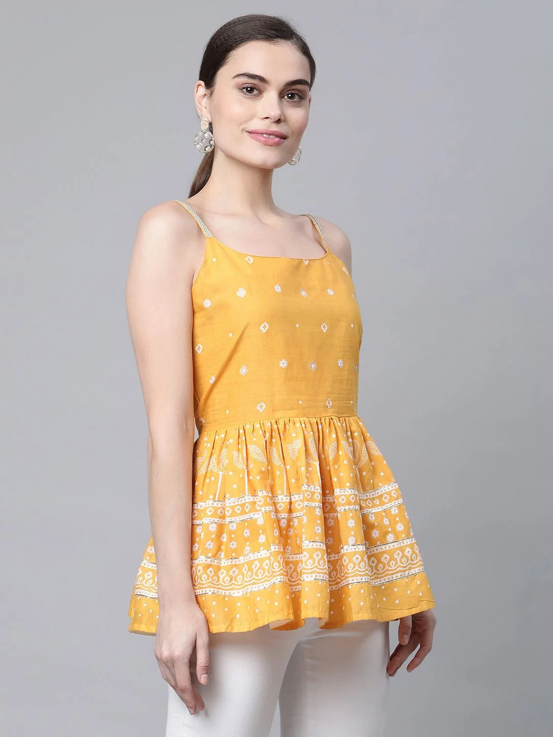 Mustard Cotton Printed Tunic Top - Indian Kurta for Women