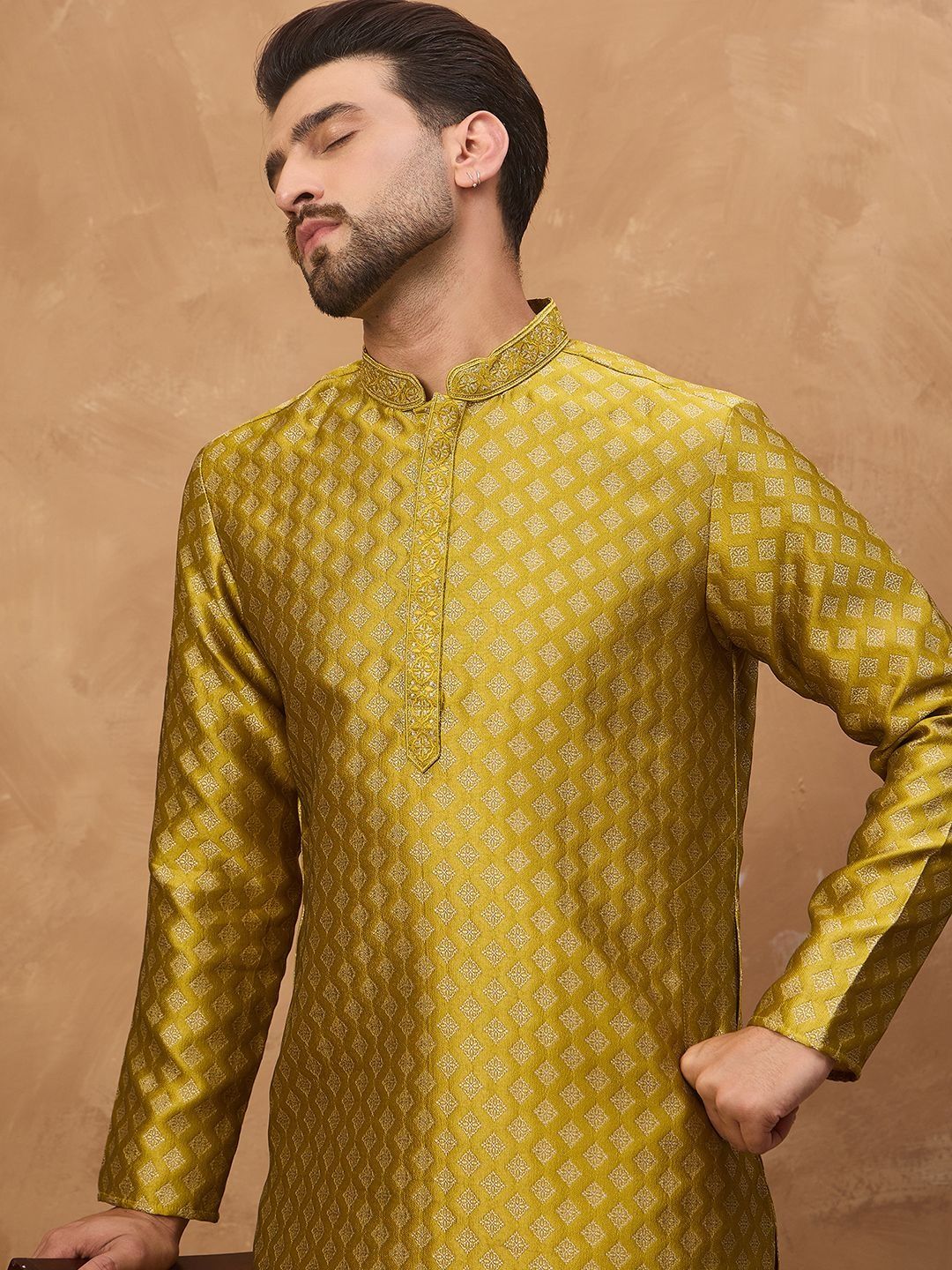 Ethnic Bay Men Yellow Silk Blend Solid Woven Design Straight Kurta With Pant Set-MKSET1459