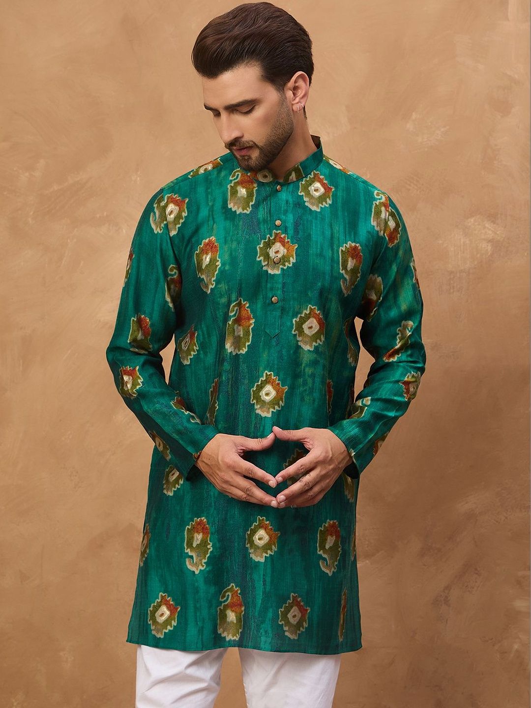 Ethnic Bay Men Teal Viscose Rayon Ethnic Motifs Printed Straight Kurta With Pant Set-MKSET1541