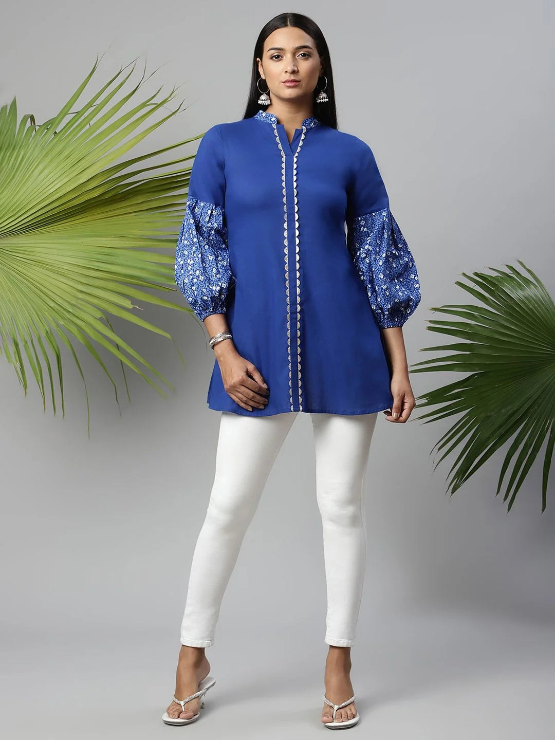 Blue Cotton Printed Tunic Top - Women's Indian Kurtis Online