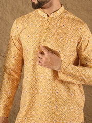 Ethnic Bay Men Yellow Silk Blend Ethnic Motif Embroidered Straight Kurta With Pant Set-MKSET1304