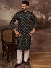 Ethnic Bay Men Black Silk Blend Solid Embroidered Straight Kurta With Pant Set-MKSET1384