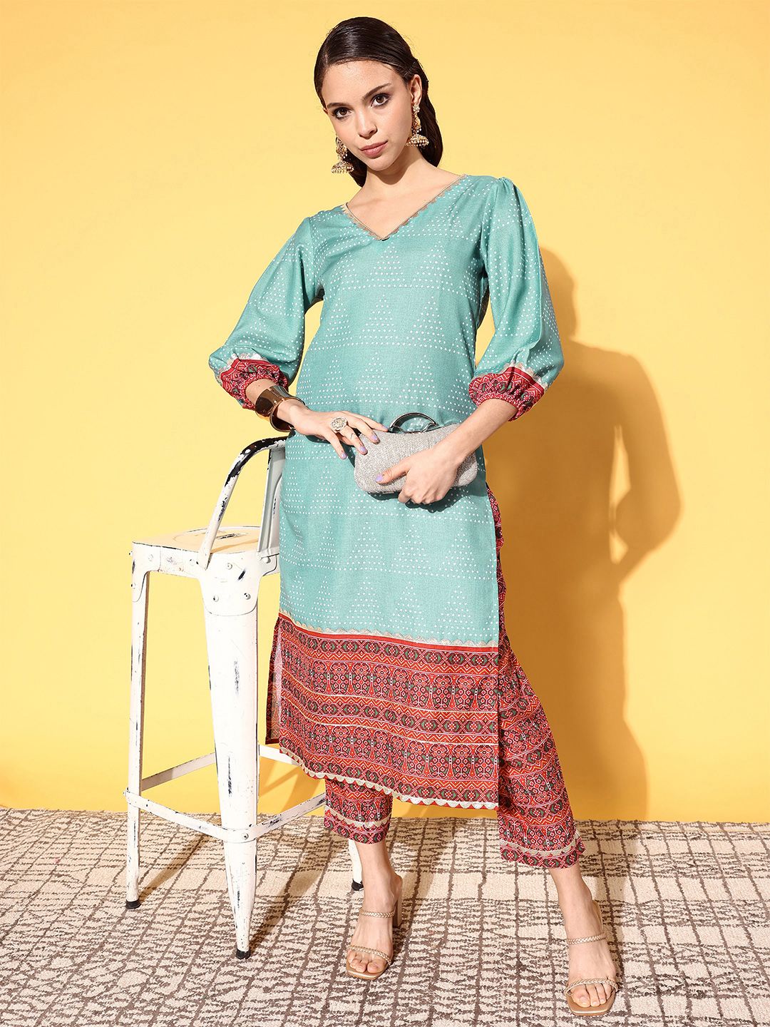 Teal Cotton Blend Printed Kurta Pant Set | Women's Kurta Sets