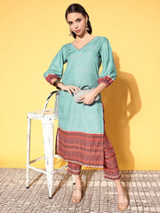 Teal Pure Cotton Blend Digital Printed Kurta Pant Set-AHKUPN-COMBO-493-FF