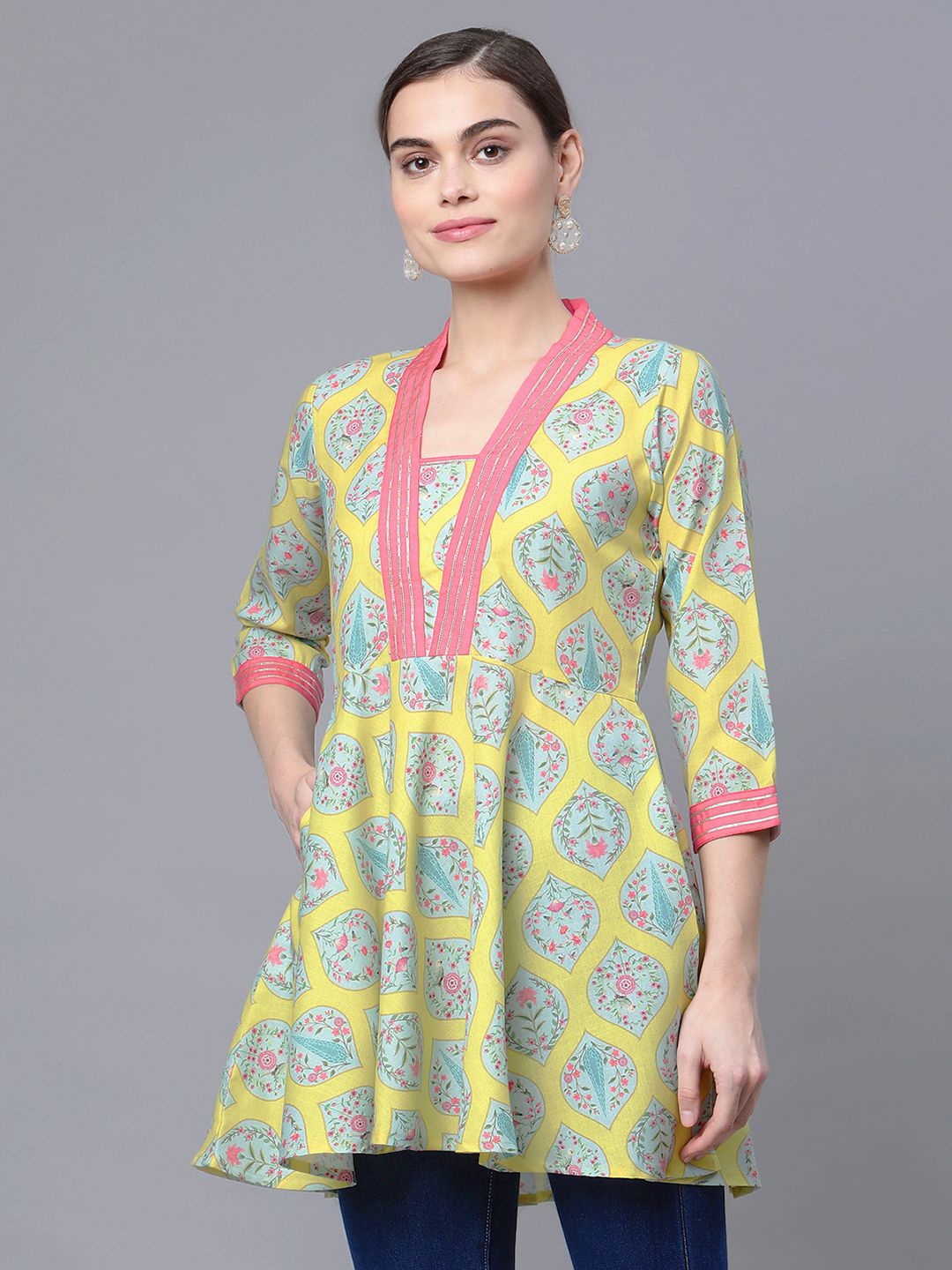 Lemon Yellow Cotton Blend Tunic Top - Indian Kurta for Women