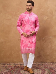 Ethnic Bay Men Pink Silk Blend Batik Embroidered Straight Kurta With Pant Set-MKSET1515