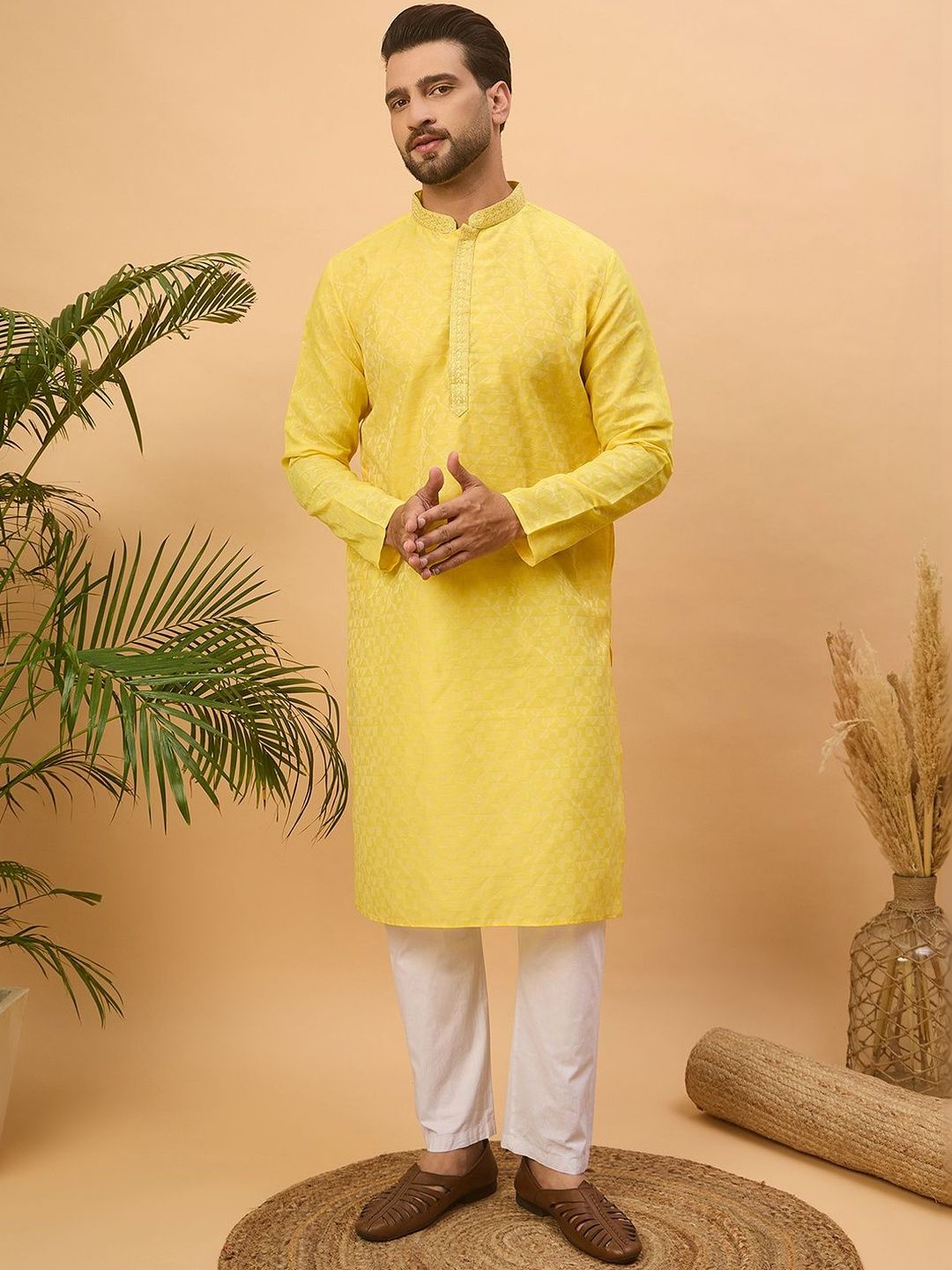 Ethnic Bay Men Yellow Silk Blend Solid Embroidered Straight Kurta With Pant Set-MKSET1455