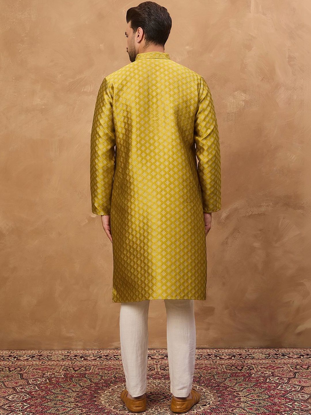 Ethnic Bay Men Yellow Silk Blend Solid Woven Design Straight Kurta With Pant Set-MKSET1459