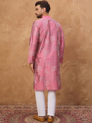 Ethnic Bay Men Pink Silk Blend Geometric Printed Straight Kurta With Pant Set-MKSET1526