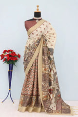 Mysore Silk Digital Print Cream Saree With Unstiched Blouse Piece-MPHMS-04-CREAM