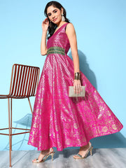 Pink Poly Silk Gold Foil Printed Dress-AHDRPSFP-929-FF